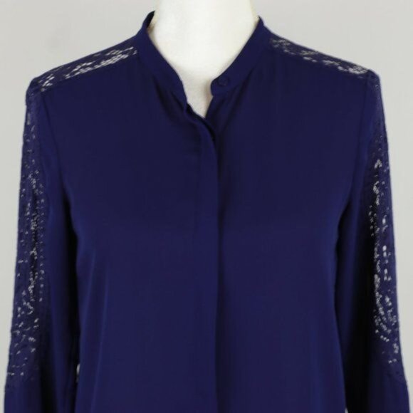 The Kooples Women's Extra Small Blue Lace Insert Long Sleeve Button Up Shirt - Picture 3 of 8